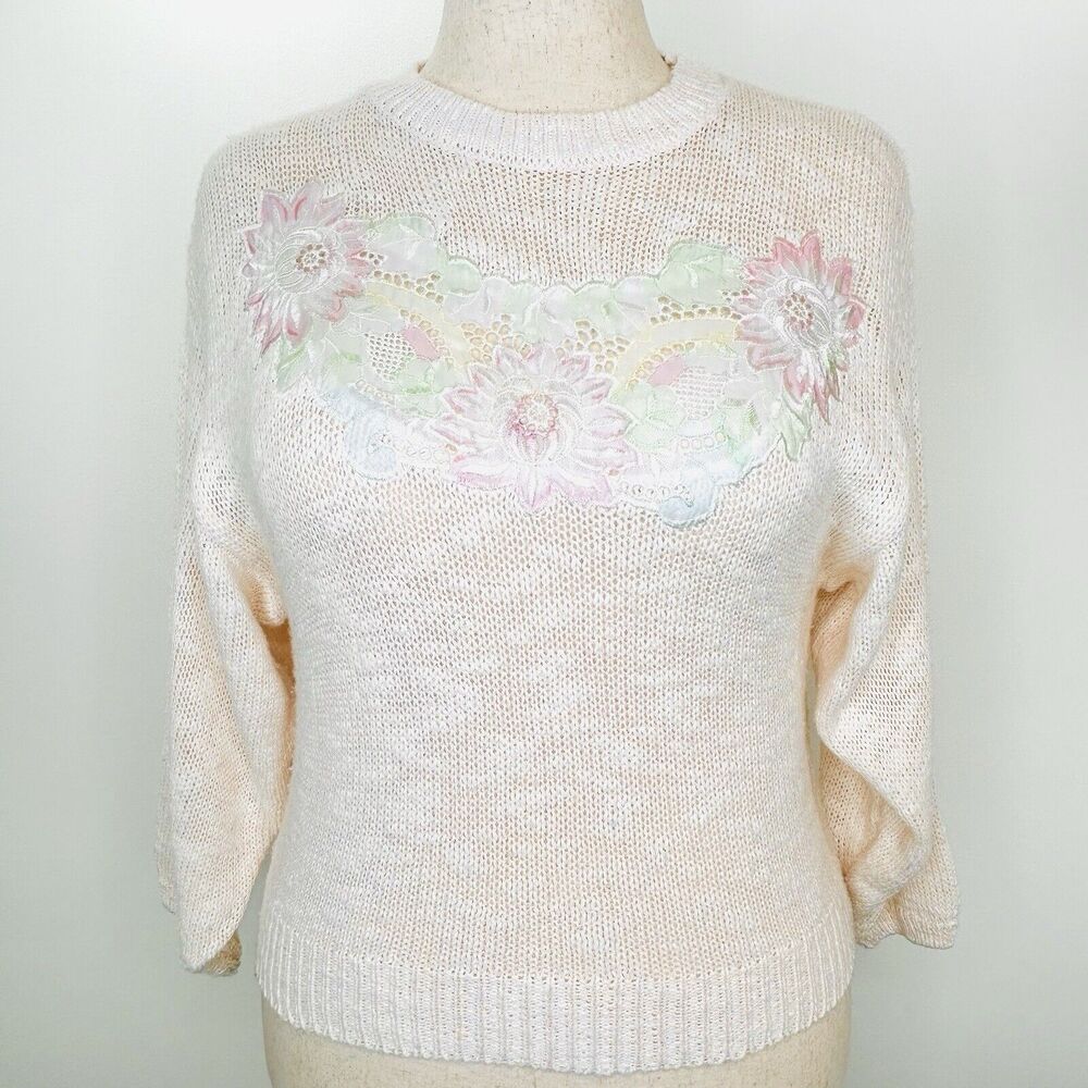 Vintage Pretense Sweater Women L Pink Knit Barbiecore Grandma Preppy Floral‎ 80s